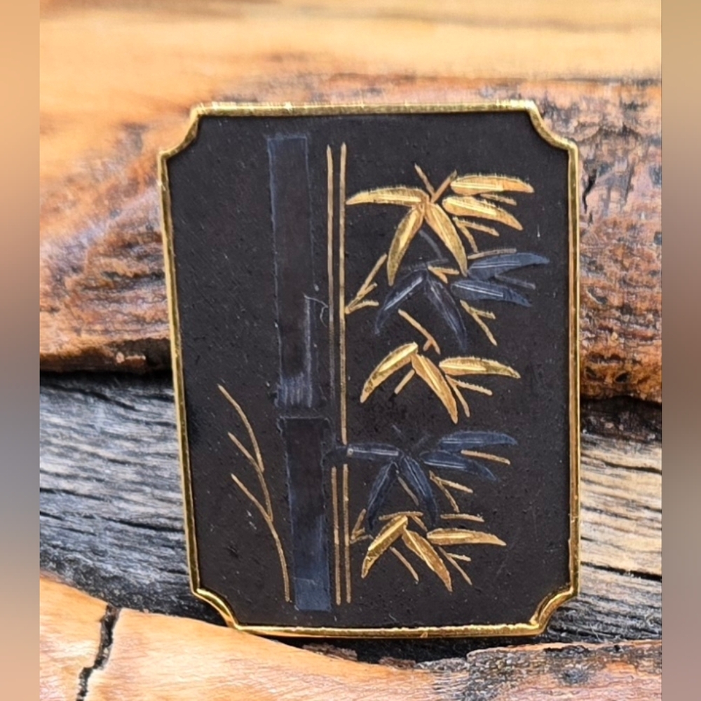 Amita Damascene Bamboo Brooch Vintage Measures 1¼" X ¾" EUC